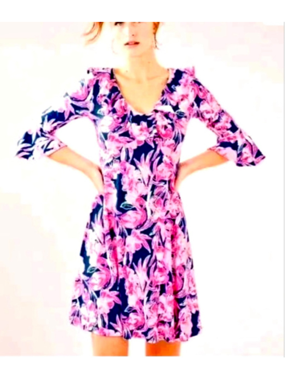 Lilly Pulitzer Long Sleeve Dress L Pink Navy Floral, flutter sleeve neck